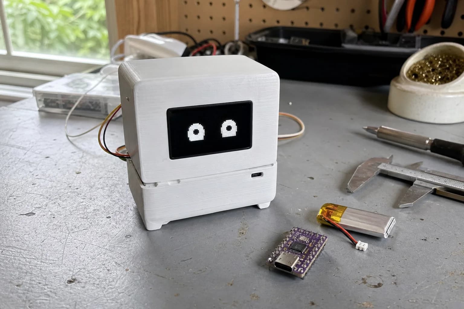 Original Mochi workshop prototype with a 3D-printed enclosure and OLED face