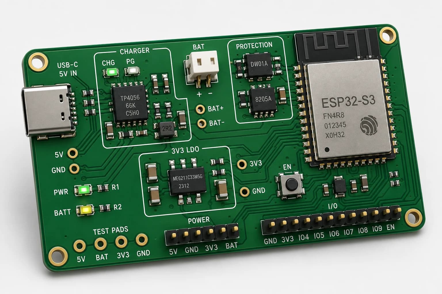 Góc nhìn phối cảnh PCB nguồn pin ESP32-S3 thể hiện vị trí các khối sạc, bảo vệ và ổn áp.