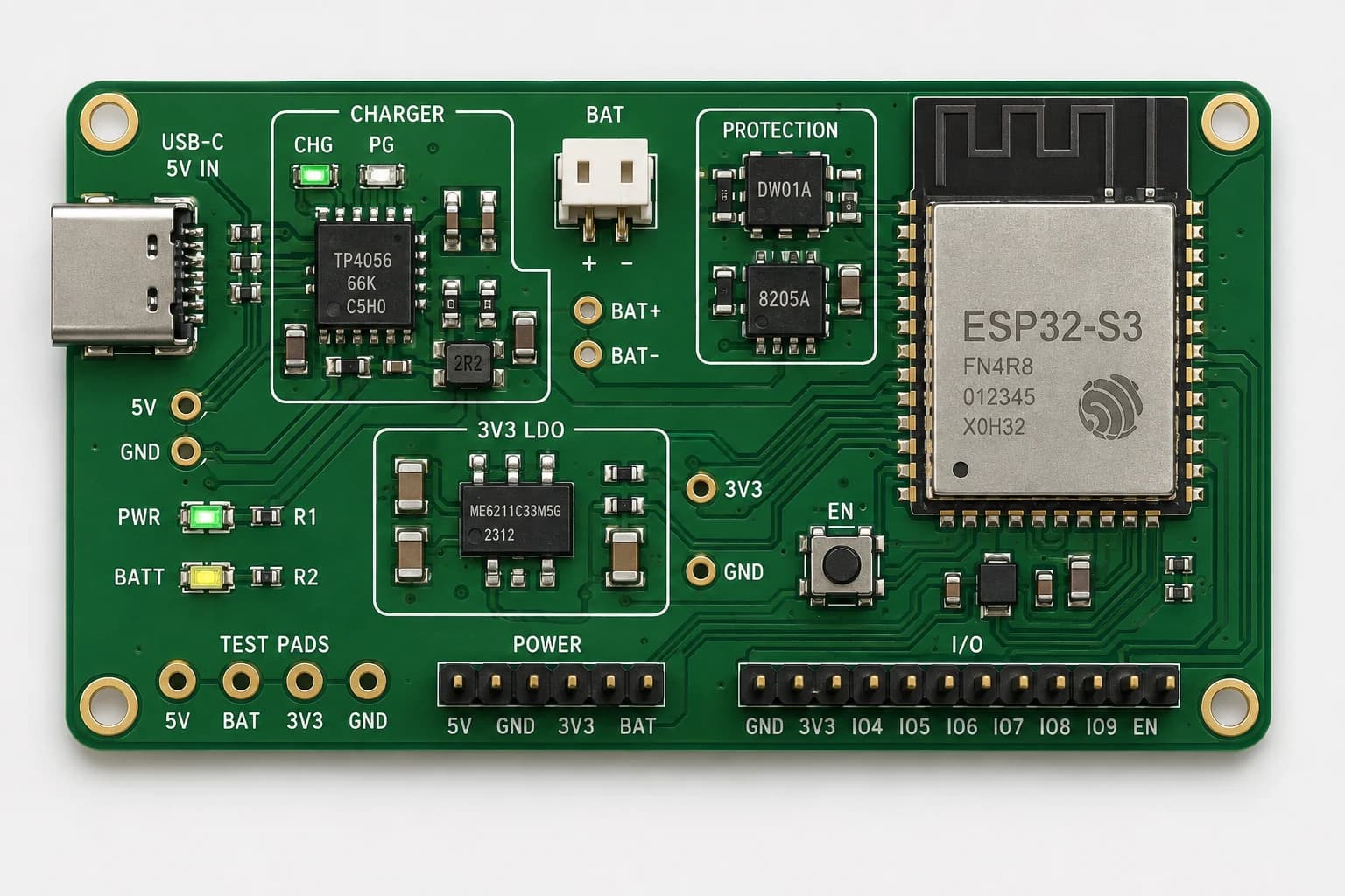 Top-view PCB render of the ESP32-S3 battery power reference design used in the article