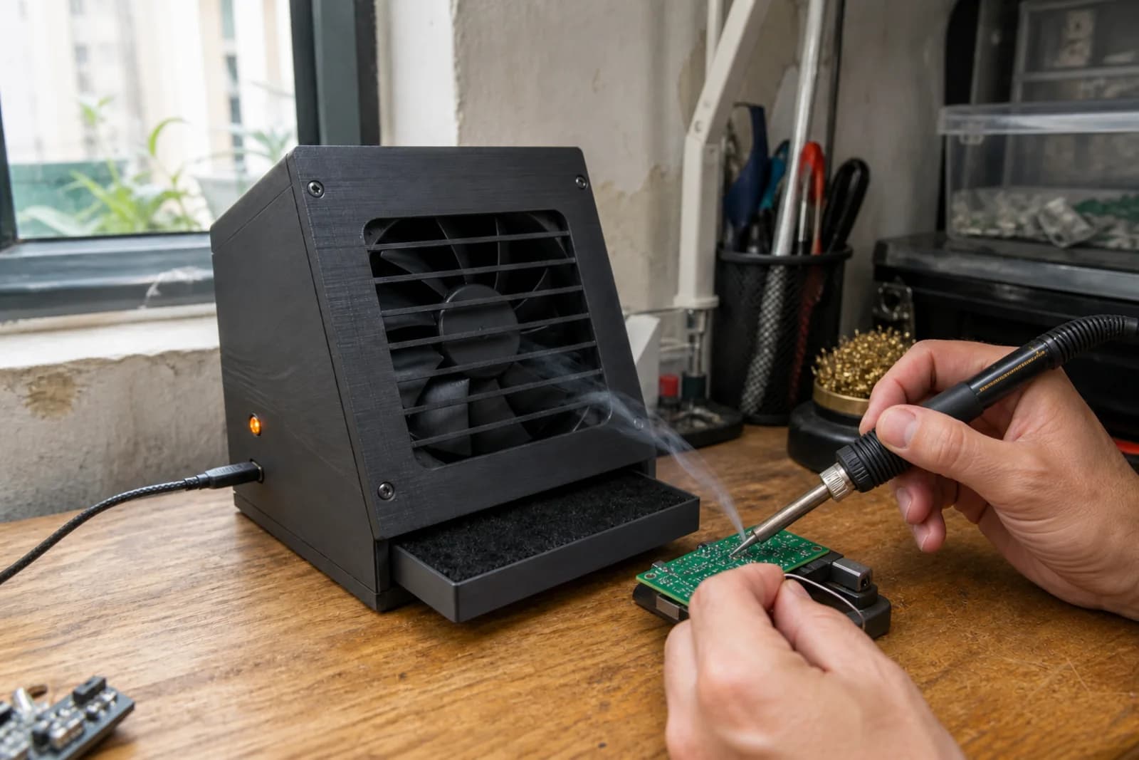 Hands soldering a PCB while a compact 3D-printed fume extractor pulls flux smoke away from the joint