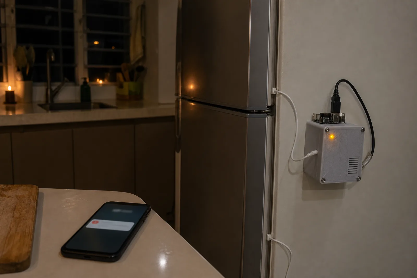 DIY ESP32 fridge and freezer temperature alert device mounted beside a refrigerator during a power outage