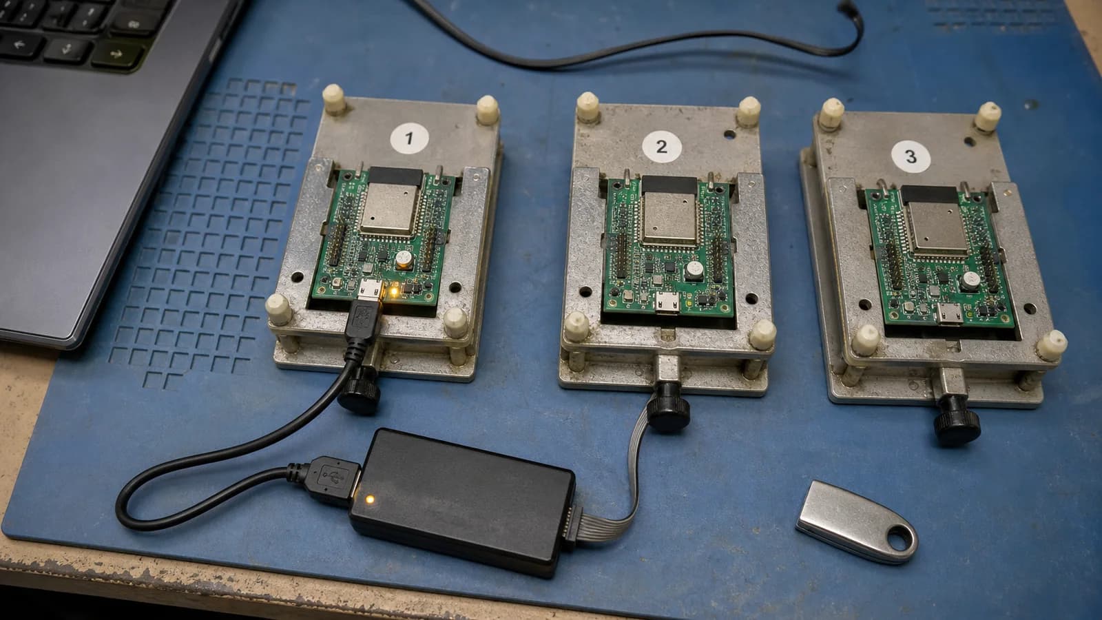 Ba board IoT đặt trên jig nạp để cấp danh tính và khóa riêng cho từng thiết bị.