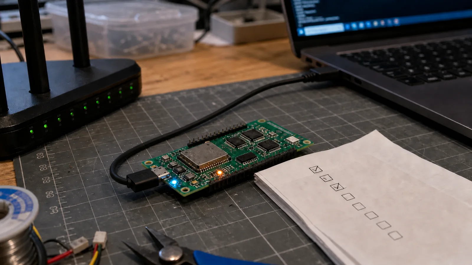 Board IoT đang thử cập nhật firmware OTA và rollback bên cạnh router, laptop và checklist kiểm thử.