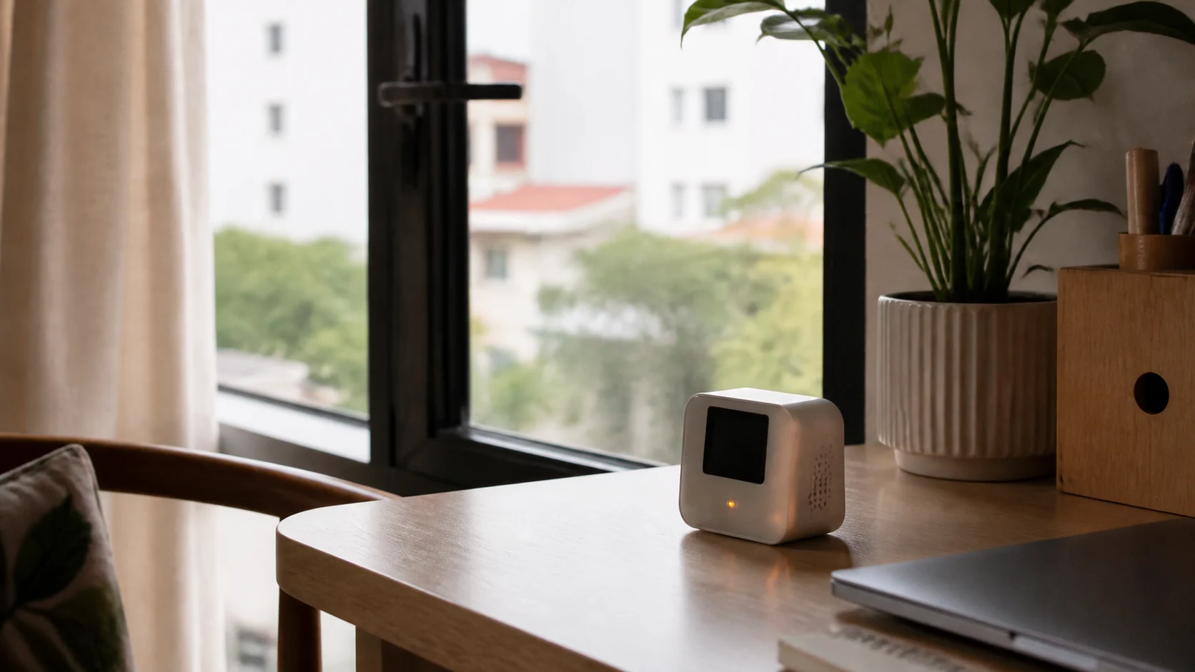 Thiết bị IoT nhỏ đặt gần cửa sổ để nhắc mở cửa khi phòng bí khí