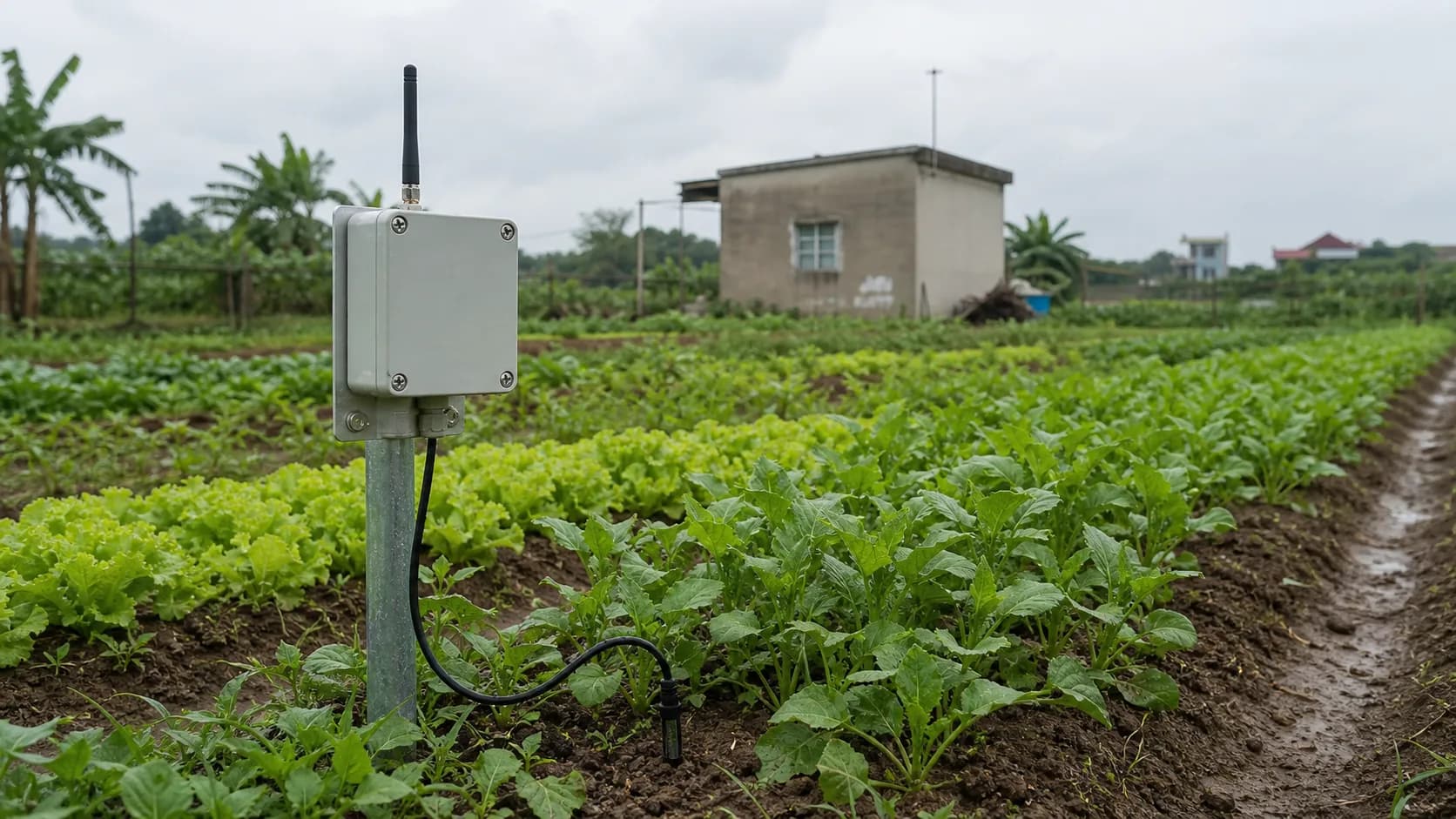 A weatherproof LoRaWAN environmental sensor installed beside a vegetable field