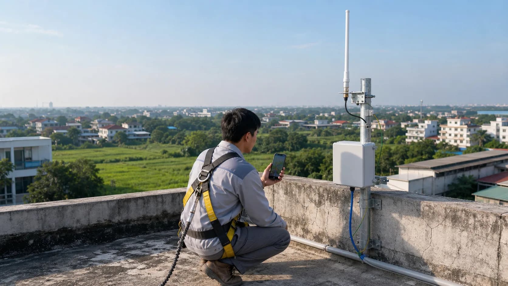 Kỹ thuật viên kiểm tra gateway LoRaWAN ngoài trời với anten đặt cao và cáp Ethernet chống nước