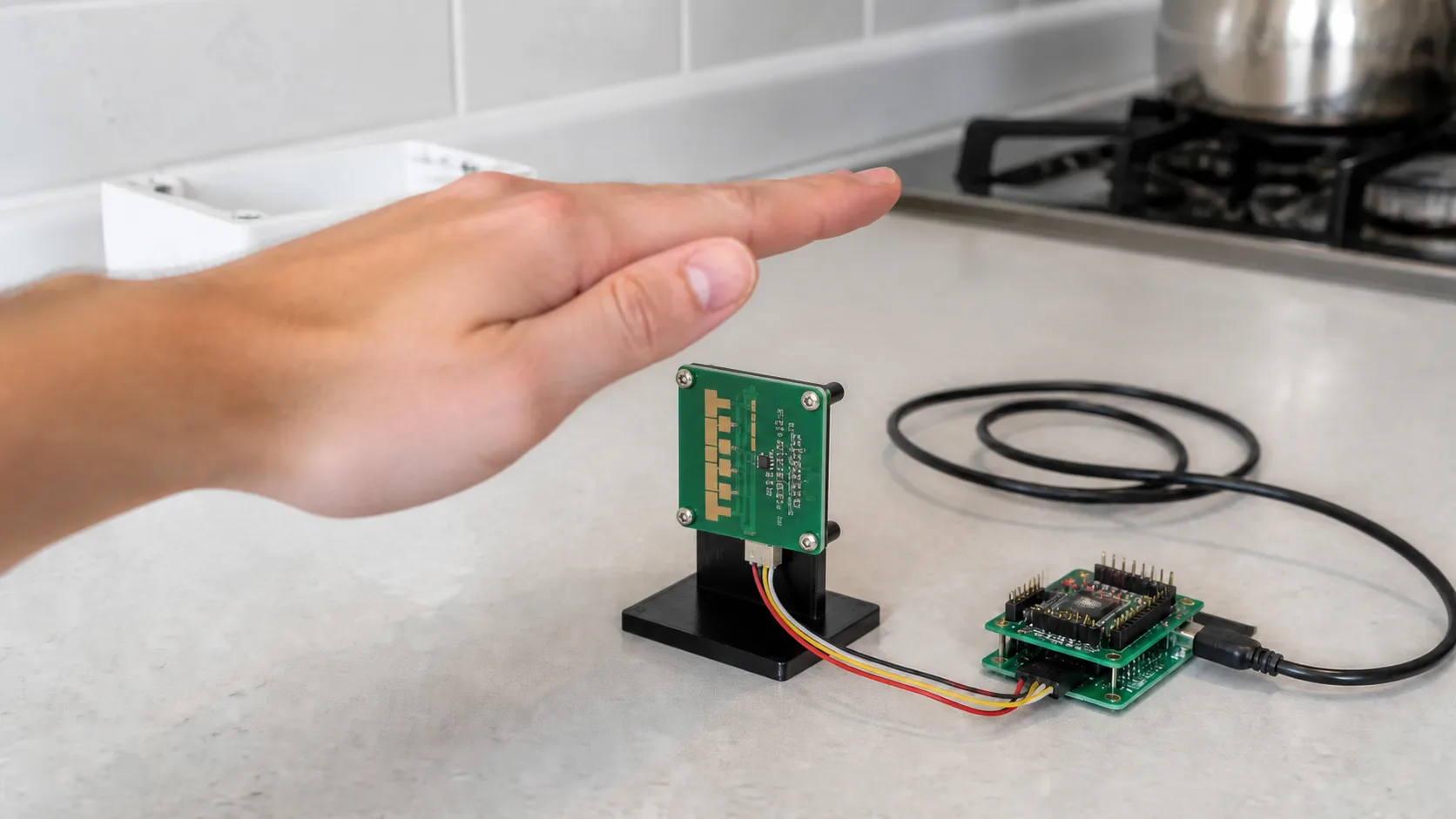 Một bàn tay thực hiện cử chỉ ngang ở khoảng cách gần trước module radar mmWave nối với vi điều khiển.