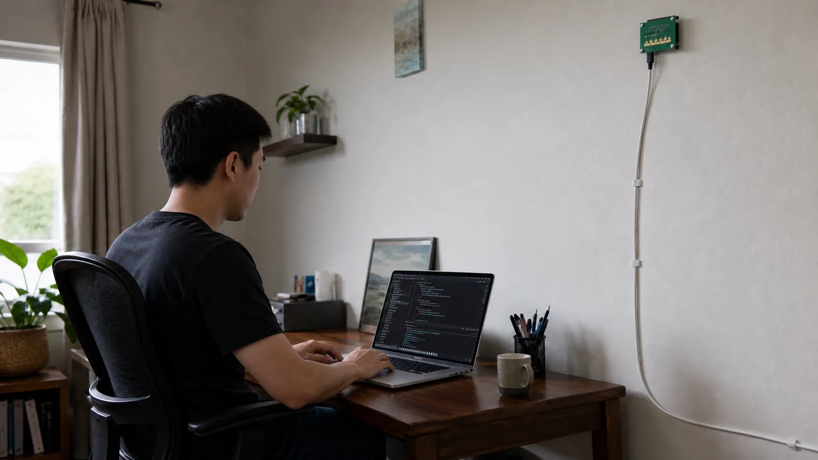Một kỹ sư Việt Nam viết code trên MacBook Pro, phía trên tường là module radar mmWave đang thử phát hiện hiện diện.
