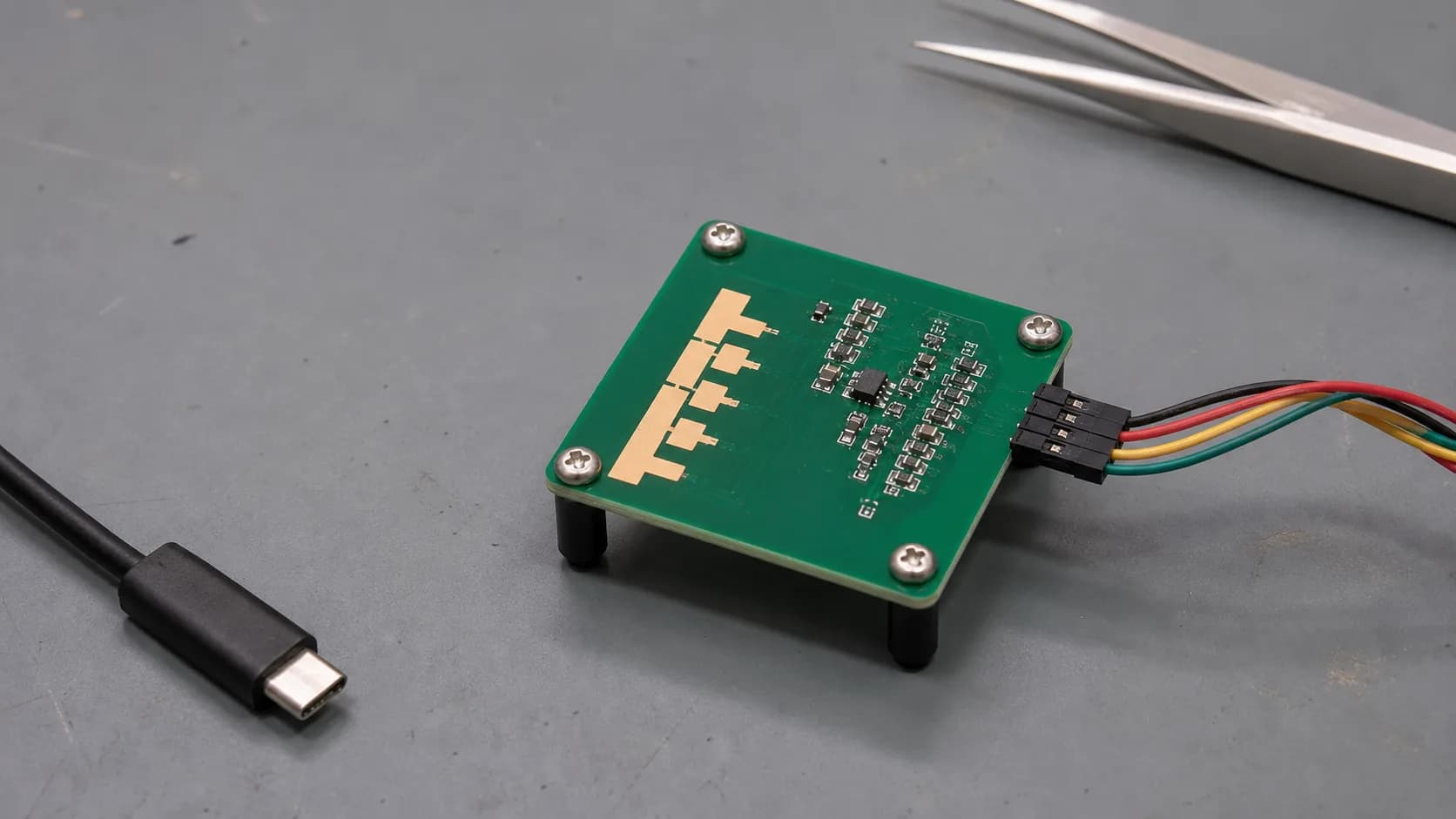 Cận cảnh một board radar mmWave 60 GHz với vùng antenna và mạch xử lý trên bàn chống tĩnh điện.