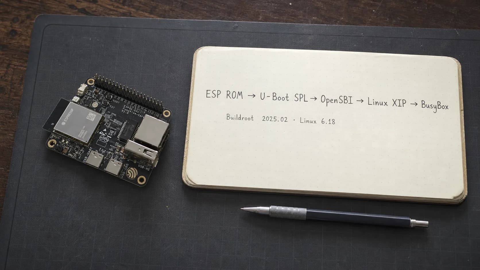 Bàn làm việc hiển thị ghi chú chuỗi boot Linux của ESP32-S31