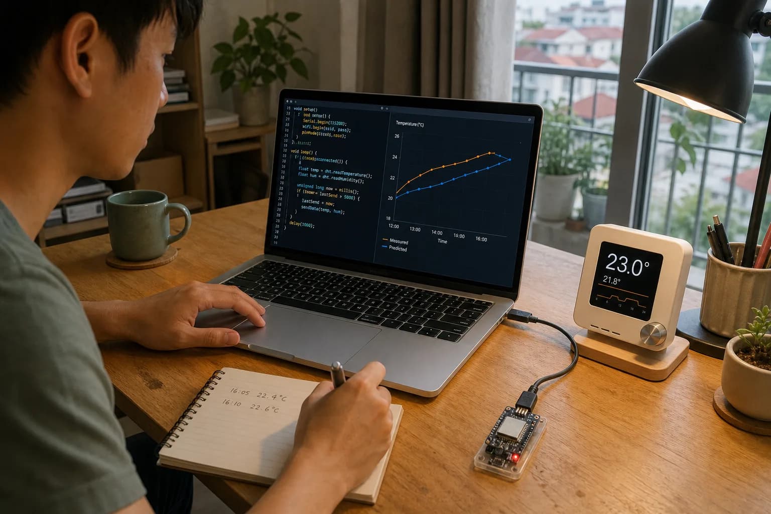Kỹ sư Việt Nam xem code và biểu đồ nhiệt độ trên MacBook Pro cạnh bộ điều nhiệt đang thử nghiệm.