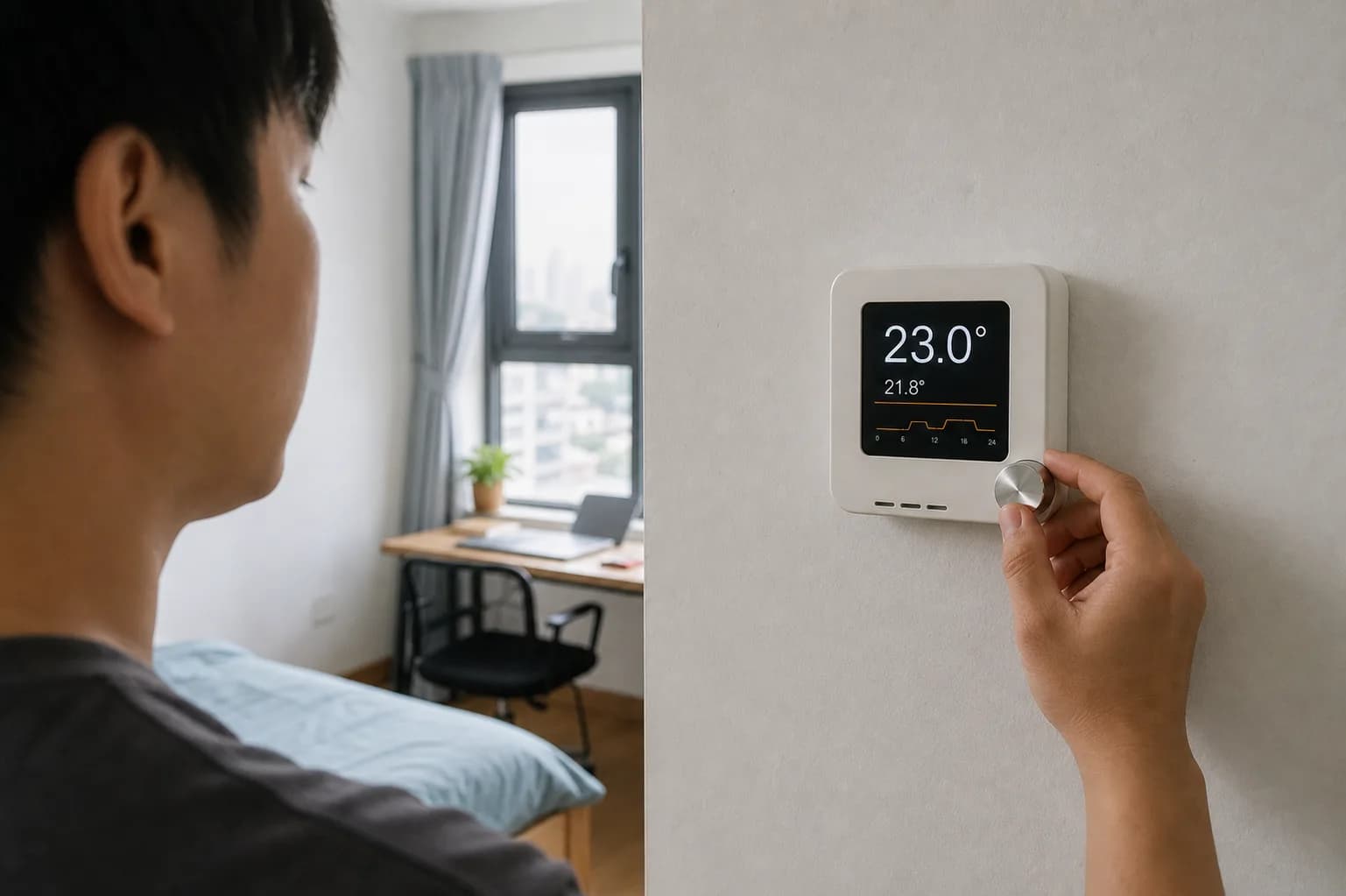 Người dùng Việt Nam chỉnh núm xoay của bộ điều nhiệt thông minh gắn trên tường phòng làm việc.