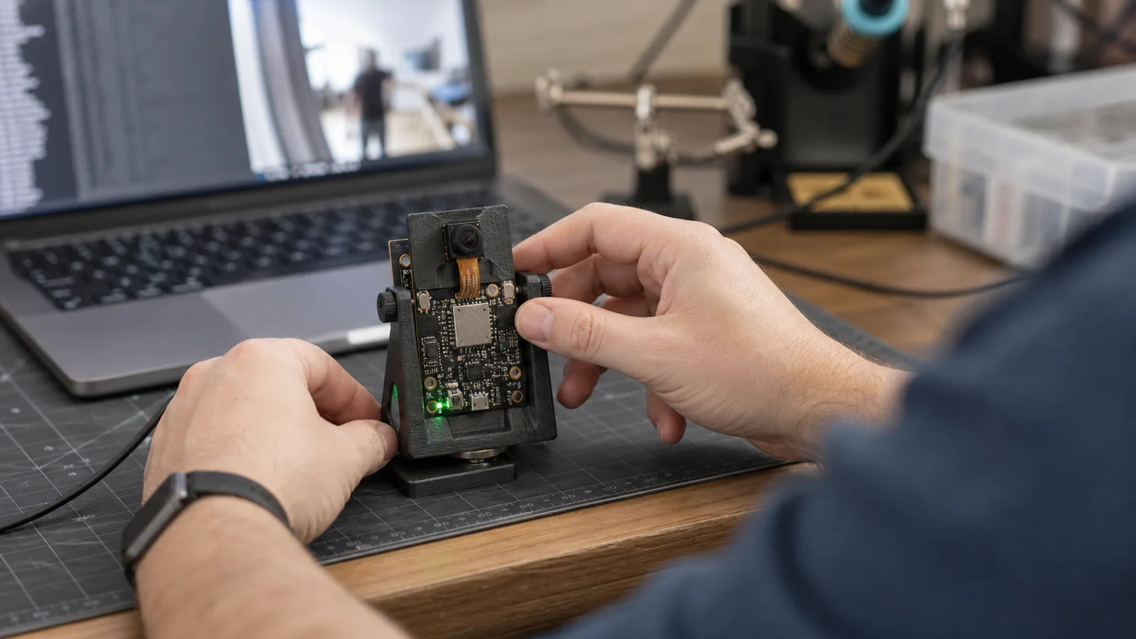 Người làm đang điều chỉnh camera gắn với board ESP32-S3 trong lúc thử person detection.