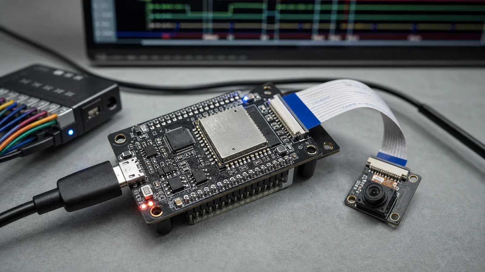 Board ESP32-S3 nối camera và thiết bị đo để kiểm tra độ trễ inference.