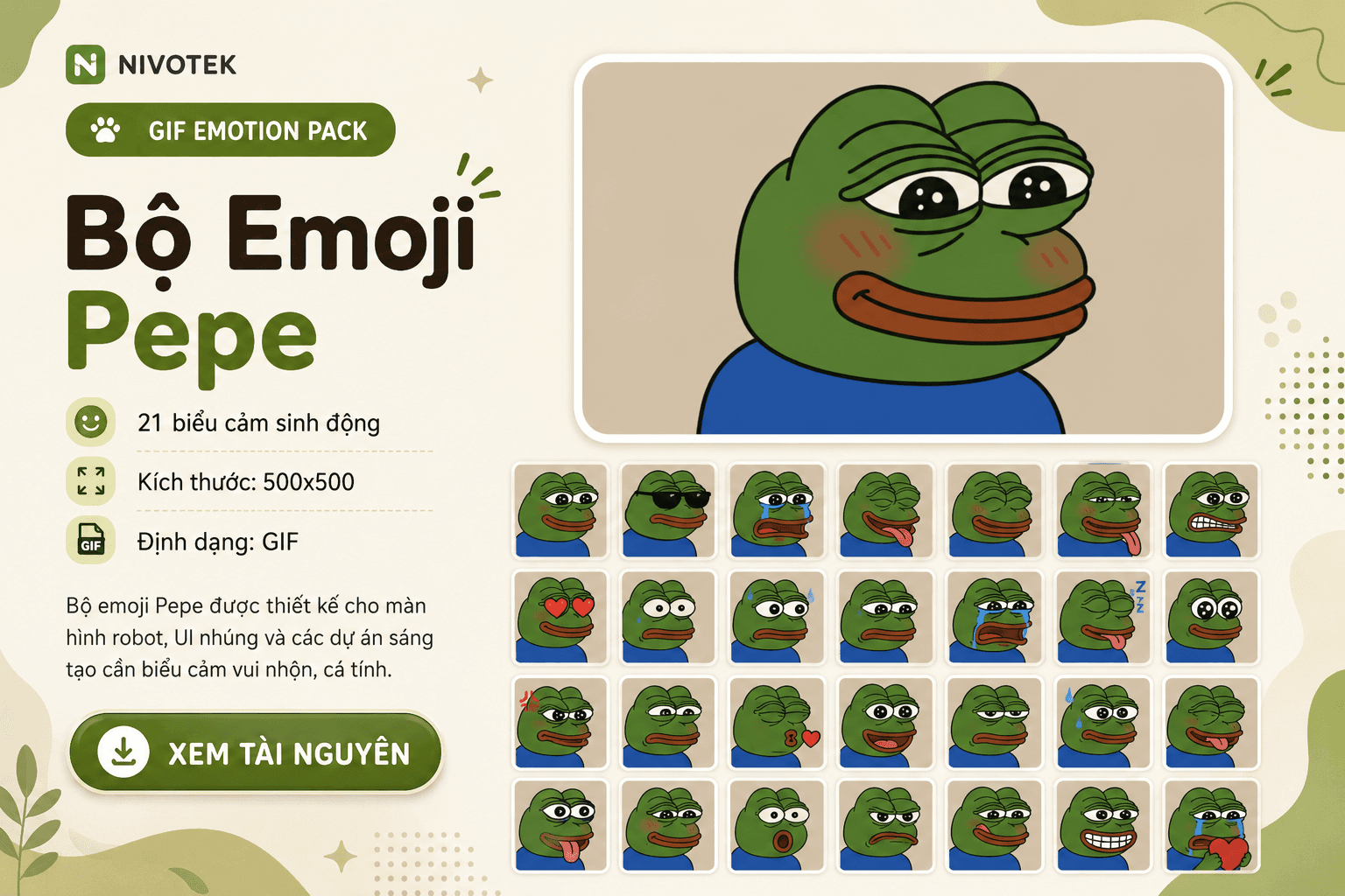Pepe emoji GIF pack preview with animated expressions for Mochi robot display
