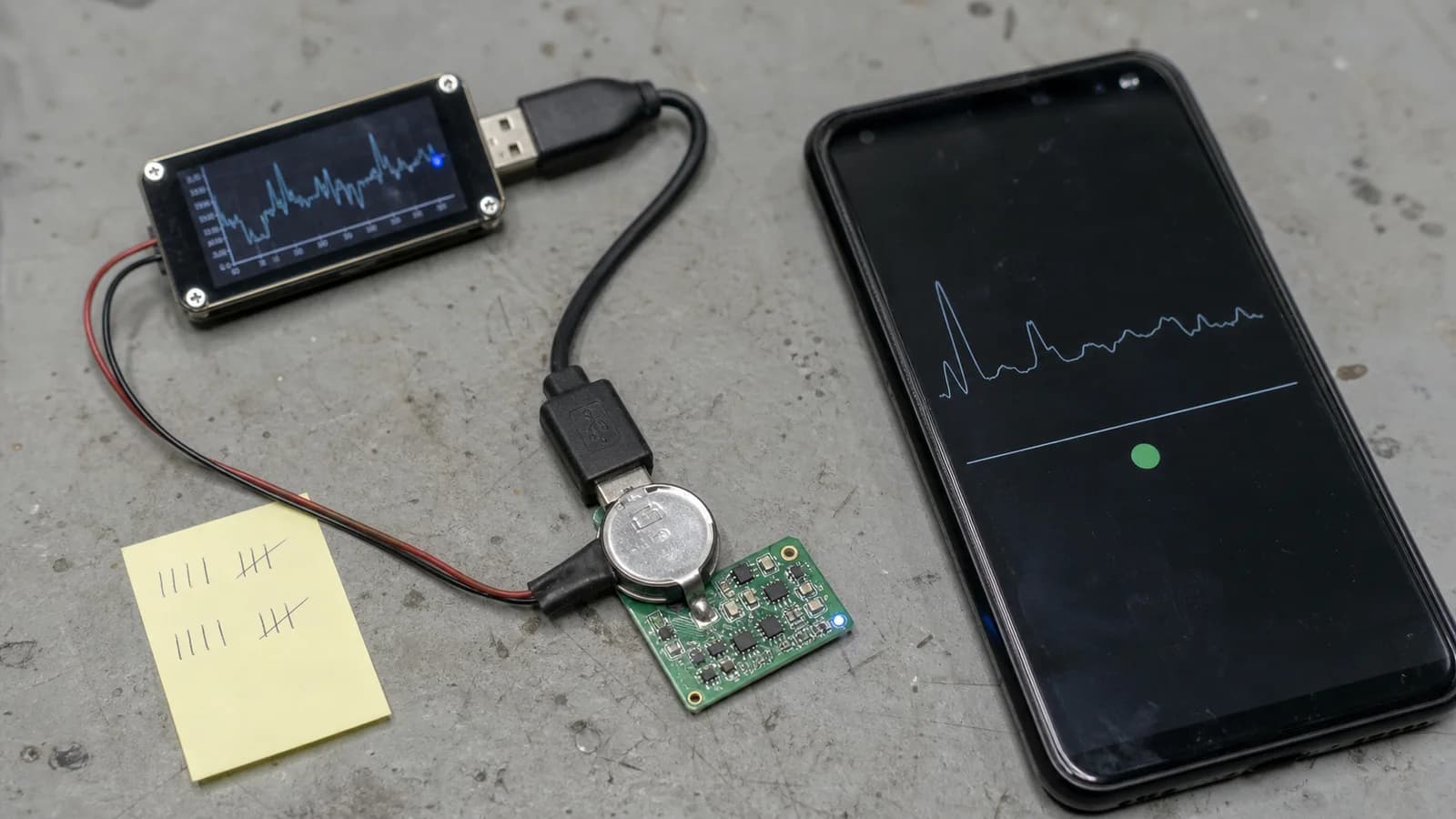 Board cảm biến BLE dùng pin đang được đo dòng và kiểm tra kết nối lại cùng điện thoại.