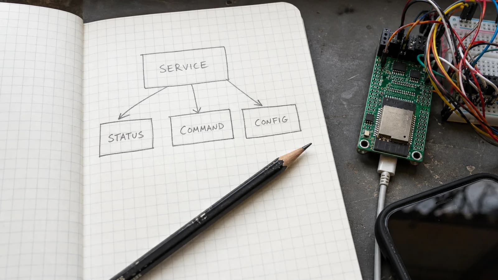 Sổ tay phác thảo một BLE service gồm các characteristic status, command và config bên cạnh board thử nghiệm.