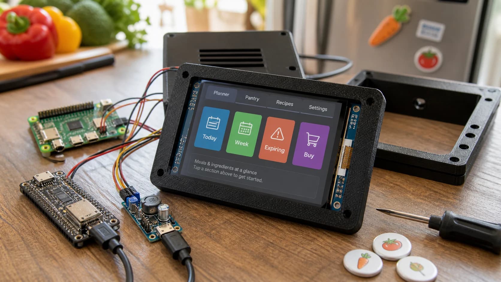 Prototype màn hình HMI TFT gồm màn cảm ứng màu, ESP32-S3, module nguồn, dây nối và vỏ in 3D đặt trên bàn bếp.