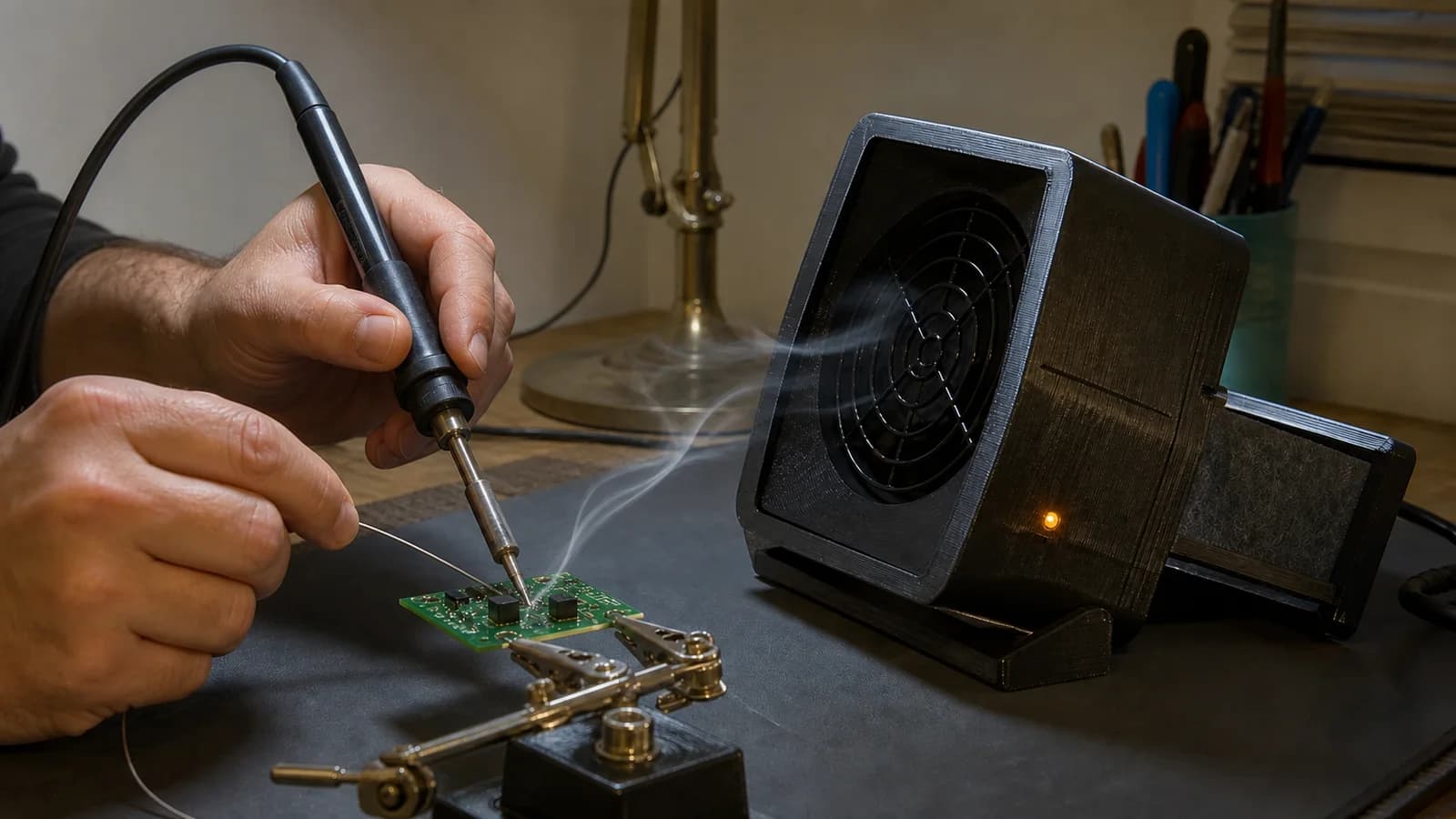 Hai tay đang hàn một bo mạch được kẹp cố định, máy hút khói mini kéo khói flux từ mối hàn vào quạt.