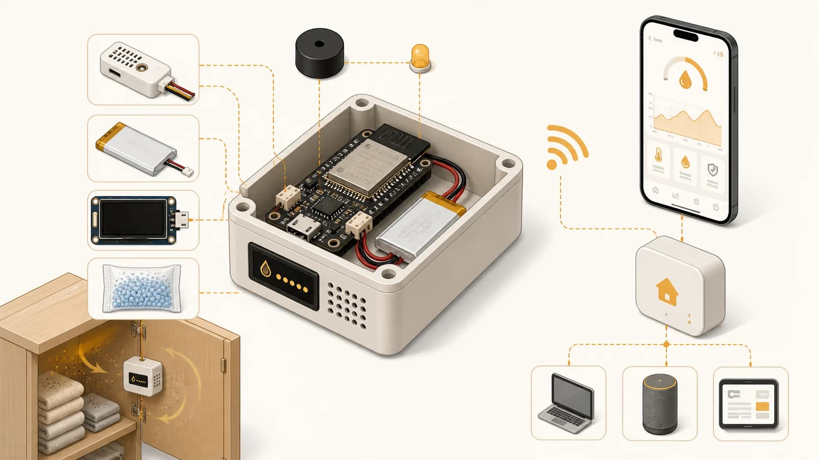 Minh họa kiến trúc hộp theo dõi độ ẩm dùng ESP32, cảm biến độ ẩm, pin, màn hình, cảnh báo và kết nối về điện thoại hoặc Home Assistant.