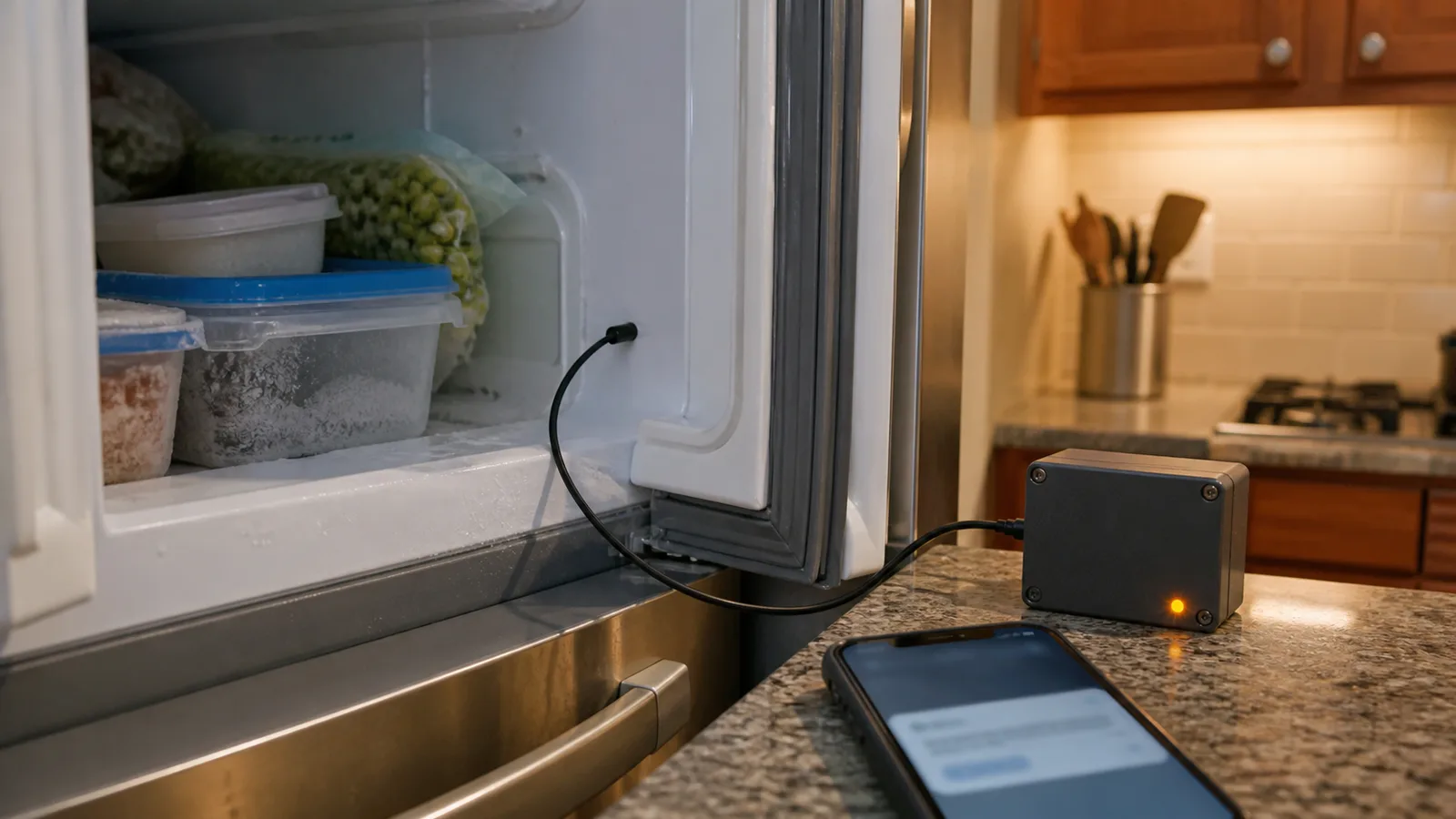 Đầu dò nhiệt độ được luồn vào ngăn đông, thiết bị IoT bên ngoài tủ sáng đèn cảnh báo và điện thoại nhận thông báo nhiệt độ tăng.