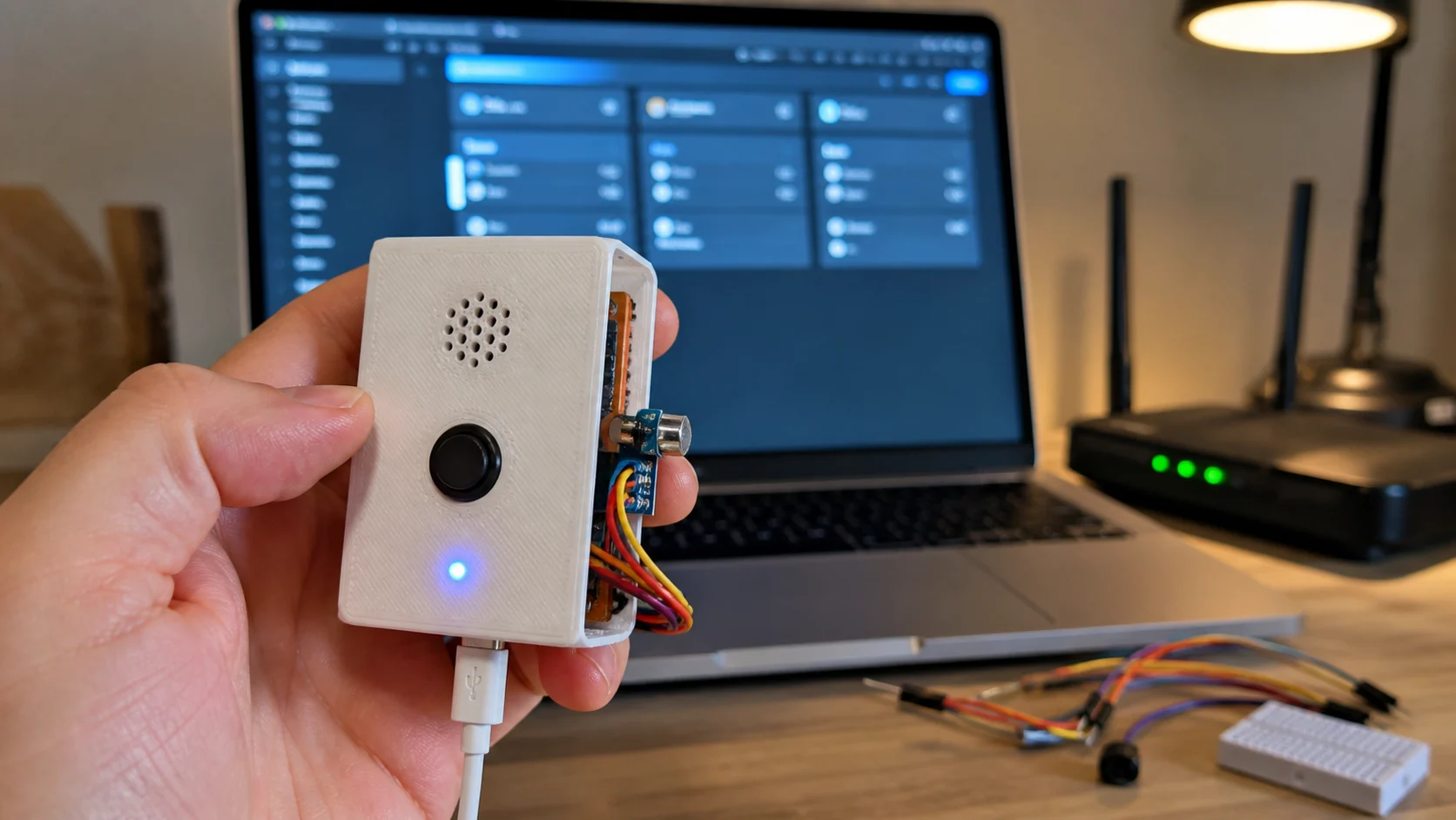 Một remote giọng nói ESP32-S3 vỏ in 3D đang được thử với laptop chạy Home Assistant ở phía sau.