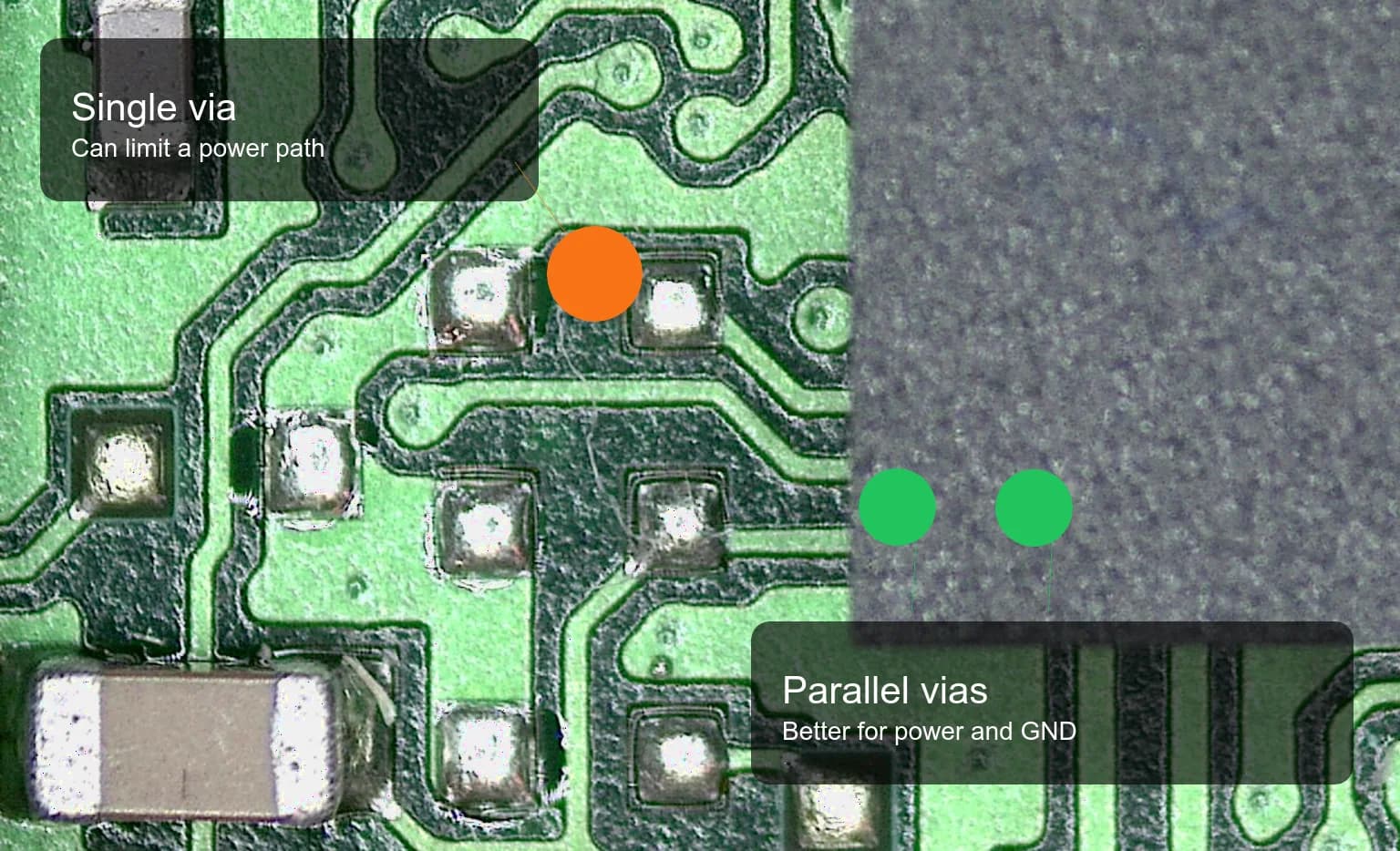 PCB photo highlighting a single via and parallel vias for power or ground paths
