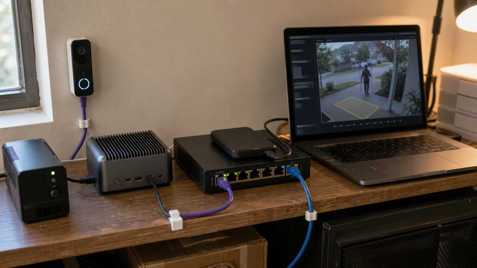 Mini PC, switch PoE, UPS và ổ SSD xử lý video chuông cửa ngay trong mạng gia đình