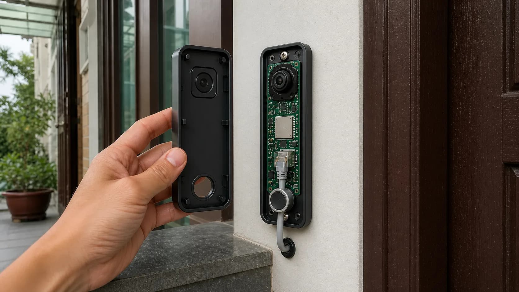 Kiểm tra đầu nối Ethernet và gioăng chống nước khi lắp chuông cửa video dùng PoE