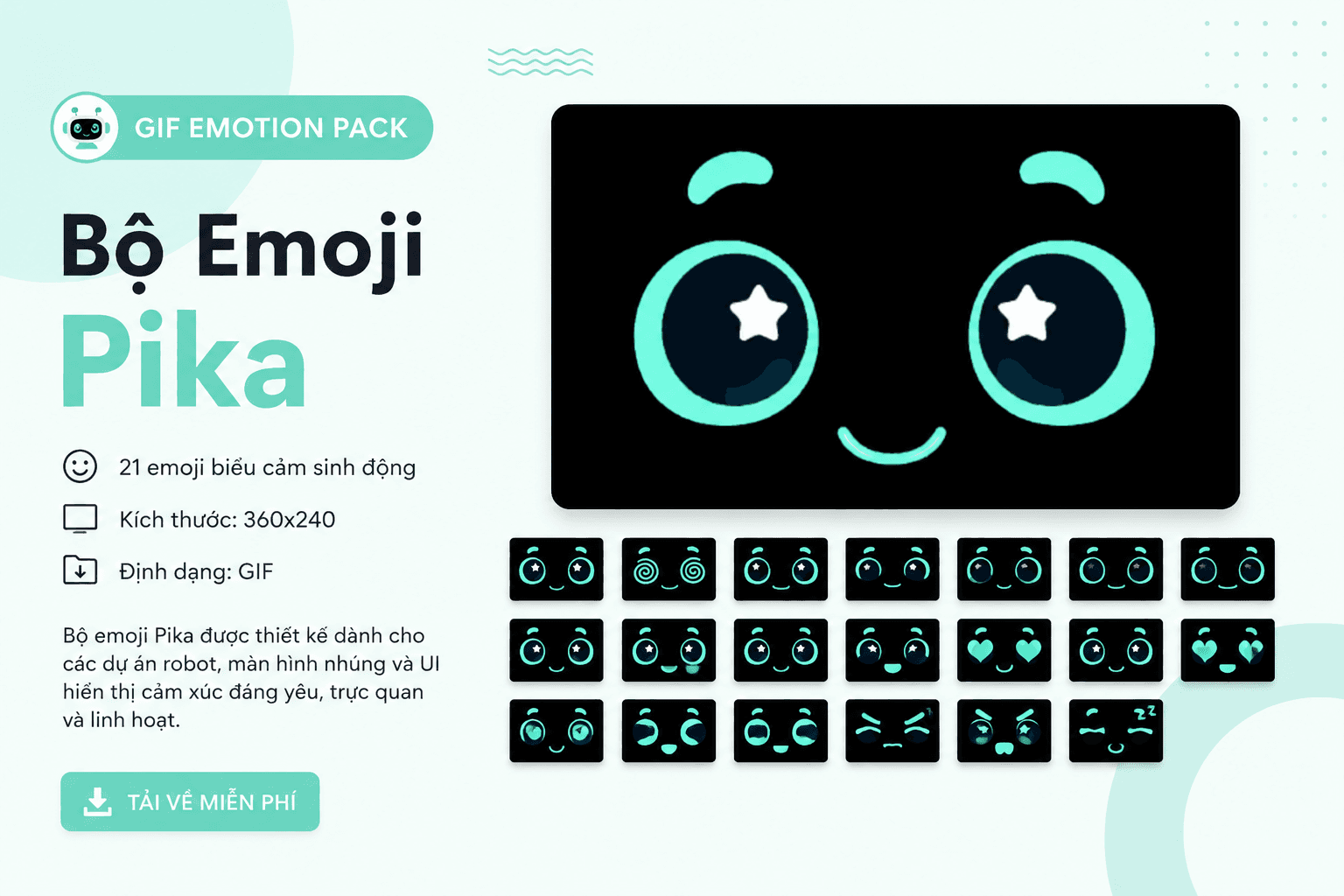 Pika robot face GIF emoji pack preview with 21 animated expressions for Mochi