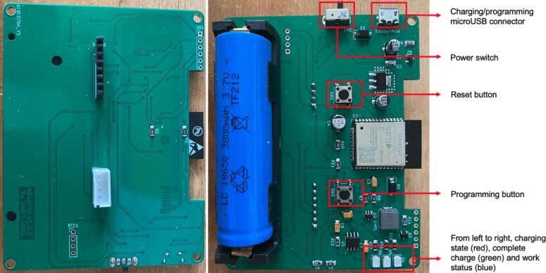 Assembled AQuality32 PCB, top and bottom, with annotations