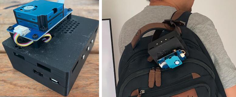 Cased AQuality32 device, standalone and worn on a backpack strap