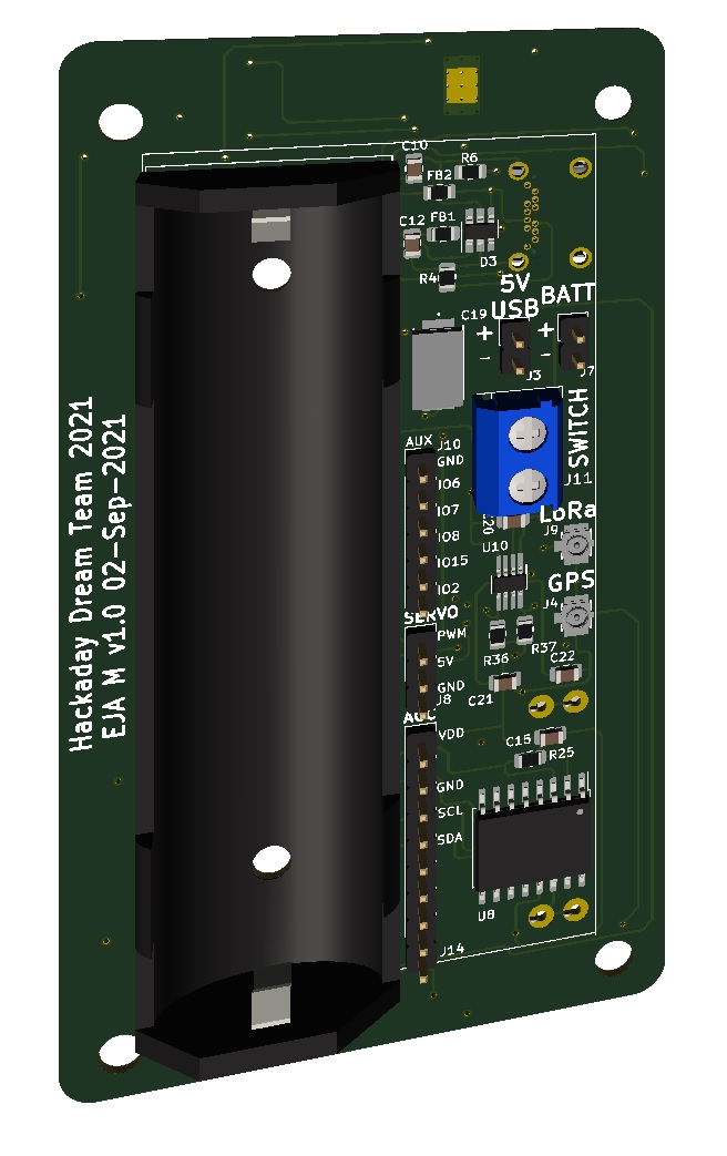 EJA M v1.0 board render, back view with 18650 battery holder