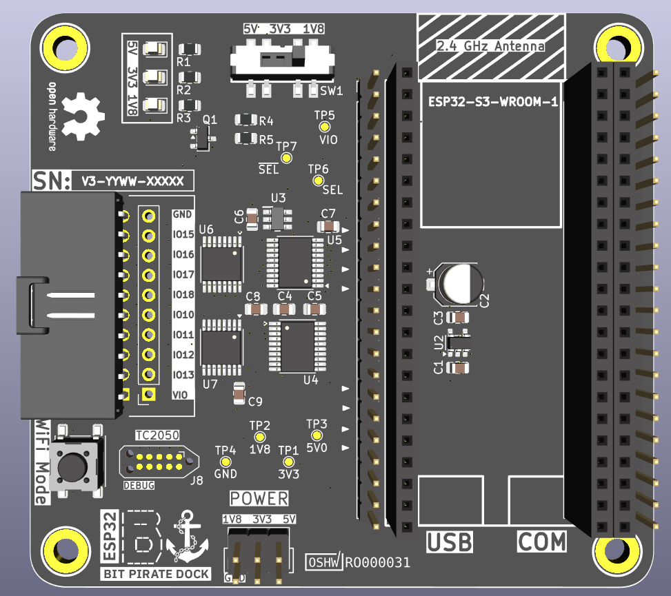 ESP32 Bit Pirate Dock board render with silkscreen labels
